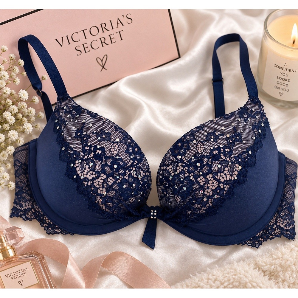 Victoria's Secret Bra 34B Navy Blue Lace Rhinestone Crystal Push Up Padded